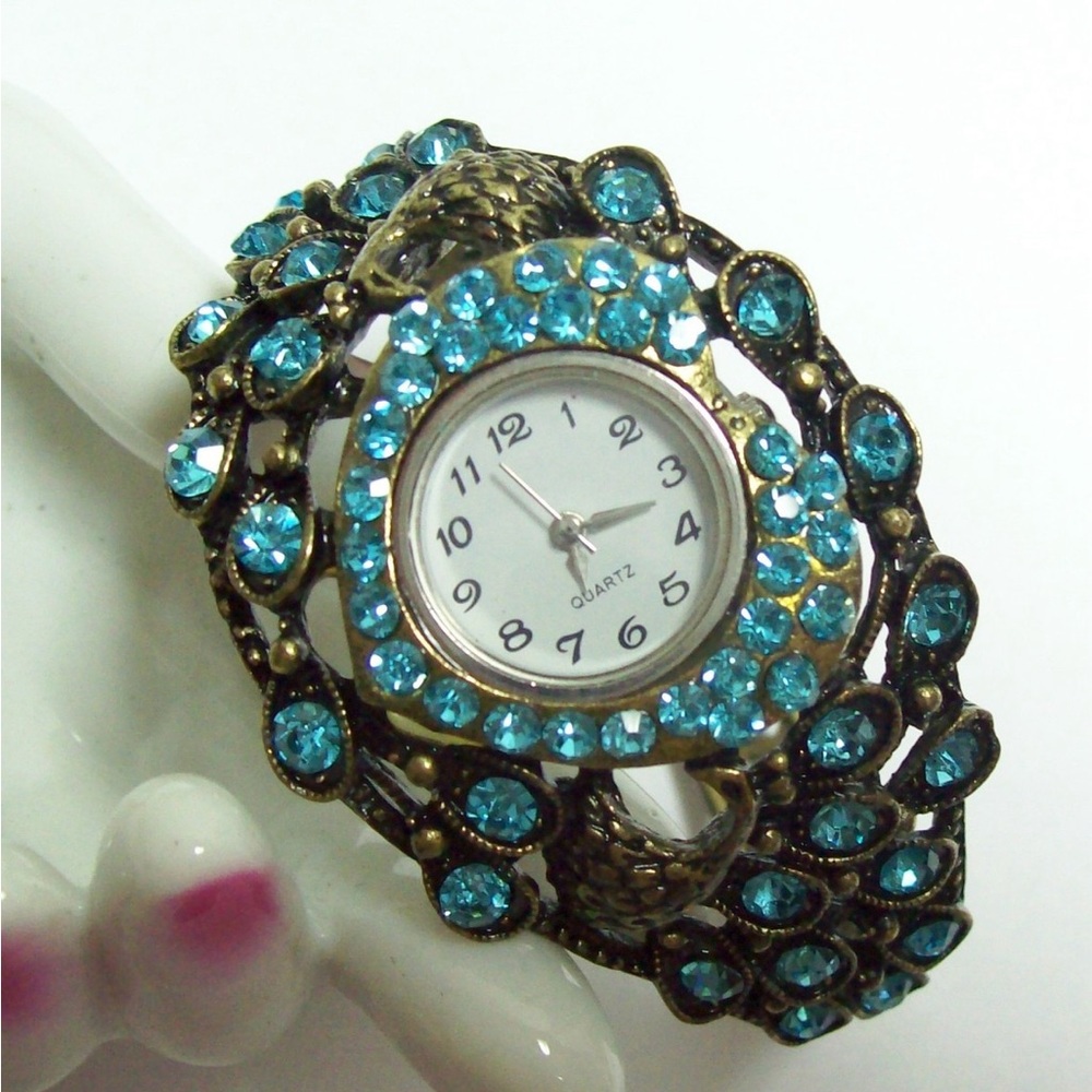 Elegant Aqua Rhinestone PEACOCK Watch Bracelet